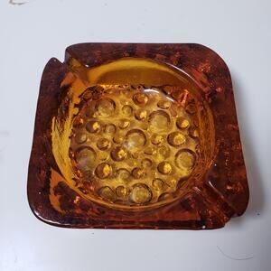 Vintage‎ Square Bubble Glass Shallow Ashtray Honey Gold MCM Retro Decor Cigars